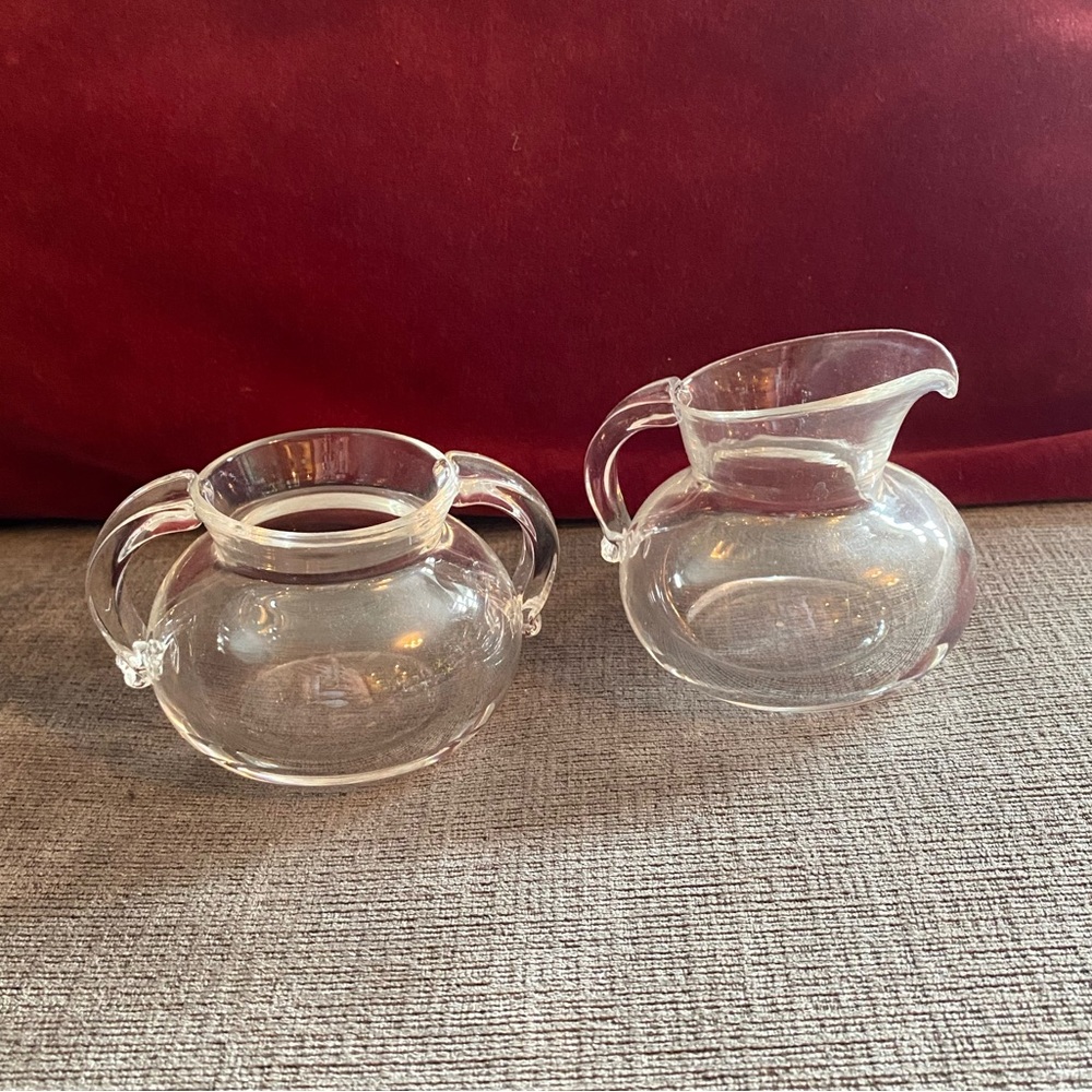 Vintage MCM Steuben Glass Creamer And Sugar Bowl Etch Signature on Bottom